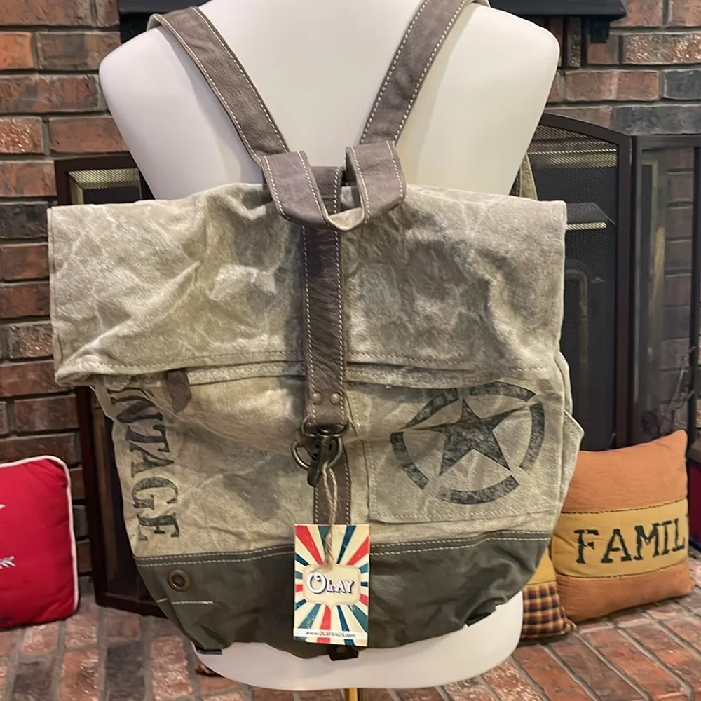 NWT Vintage Canvas Backpack - Tan and Brown Olay